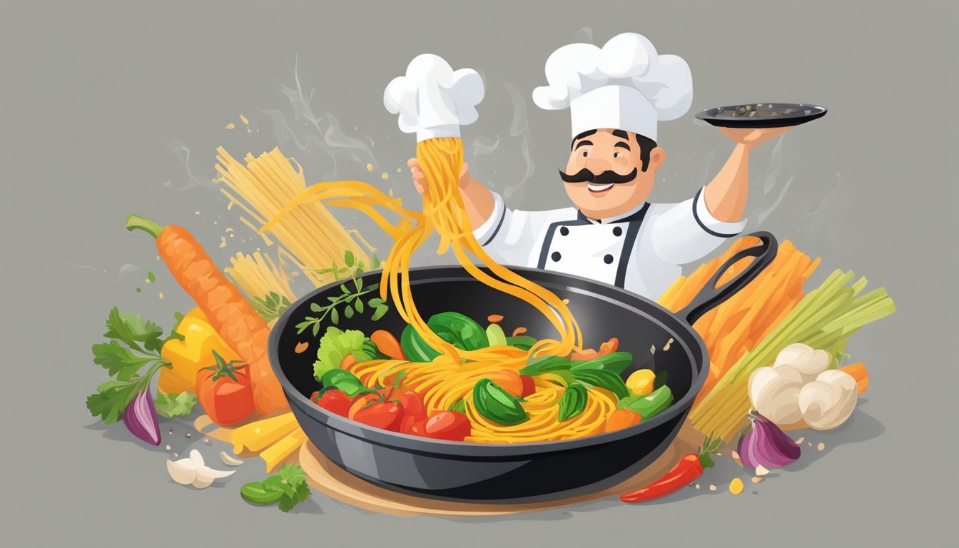 A chef tossing colorful vegetables and pasta in a sizzling skillet, adding a dash of spices and herbs