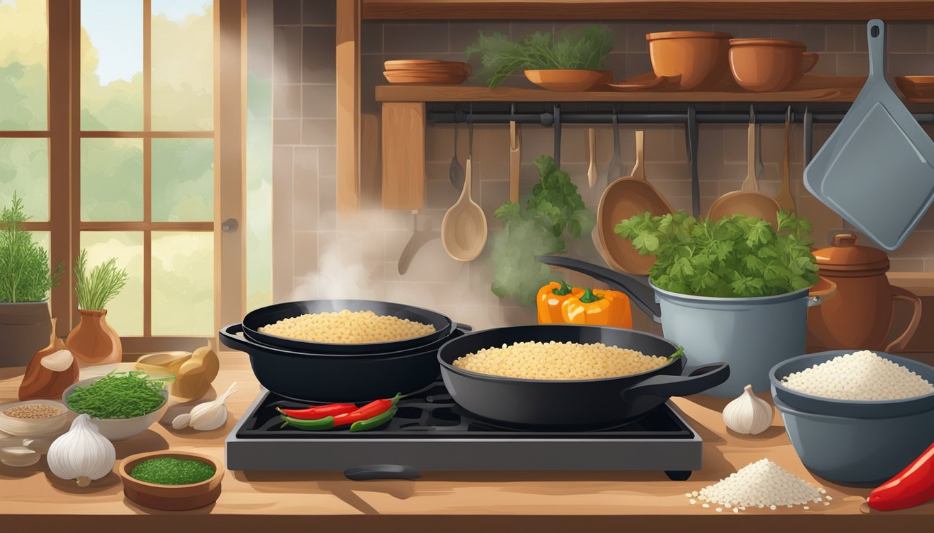 A rustic kitchen with a cast iron skillet on a stove, filled with sizzling onions, garlic, and peppers, surrounded by bags of rice, spices, and fresh herbs