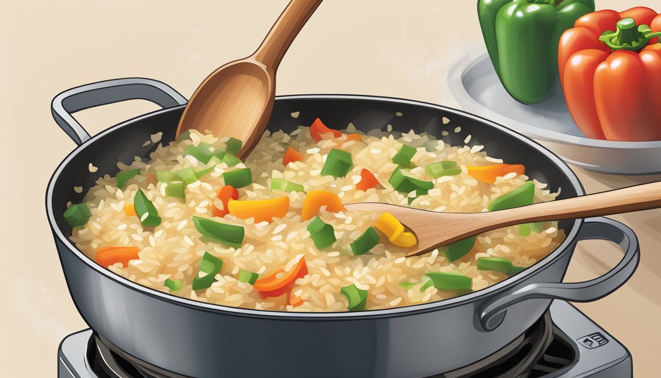 A wooden spoon stirring rice, onions, and bell peppers in a sizzling skillet on a gas stove. A measuring cup of chicken broth sits nearby