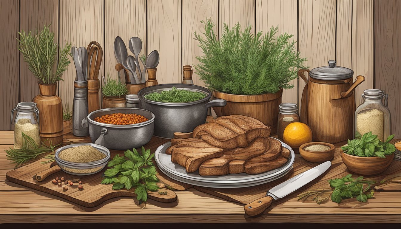 A rustic wooden table set with various cuts of Texas wild game, surrounded by fresh herbs, spices, and cooking utensils