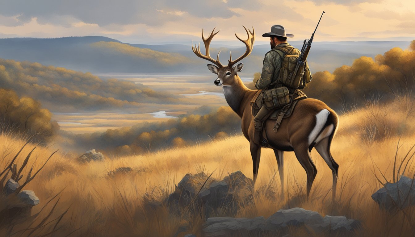 A hunter skinning a deer, surrounded by Texas landscape and wild game