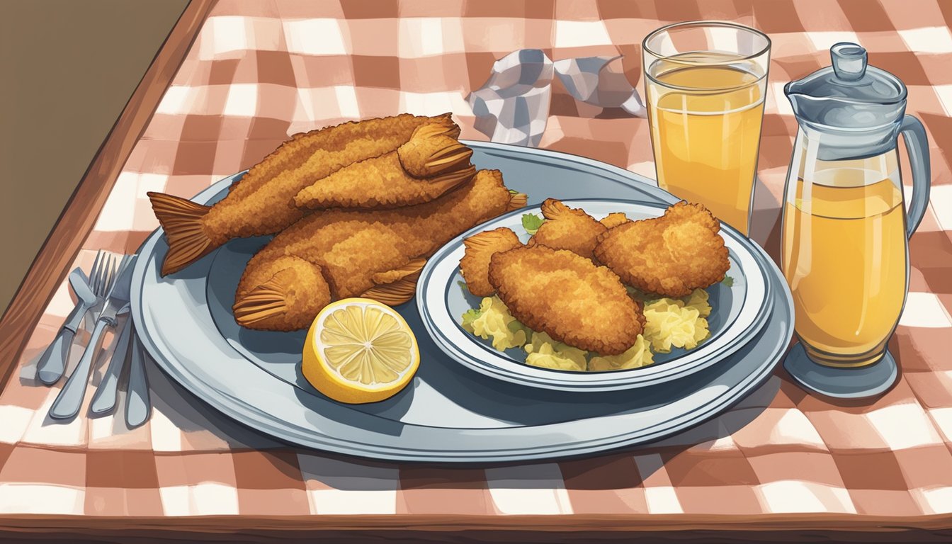 A table set with a checkered tablecloth, a platter of fried fish, hushpuppies, coleslaw, and lemon wedges. A pitcher of sweet tea and a bowl of tartar sauce