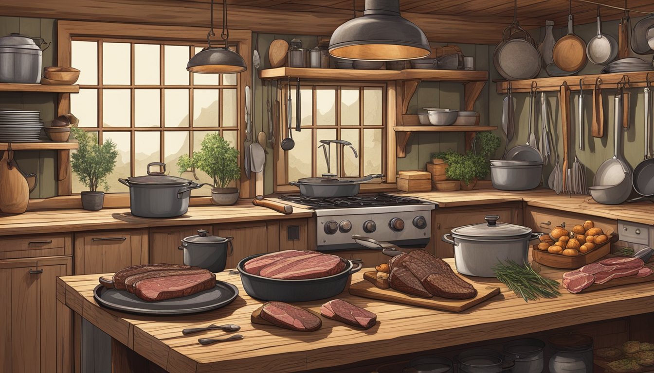 A rustic kitchen with a large butcher block, hanging pots and pans, and a variety of Texas wild game meats laid out for preparation