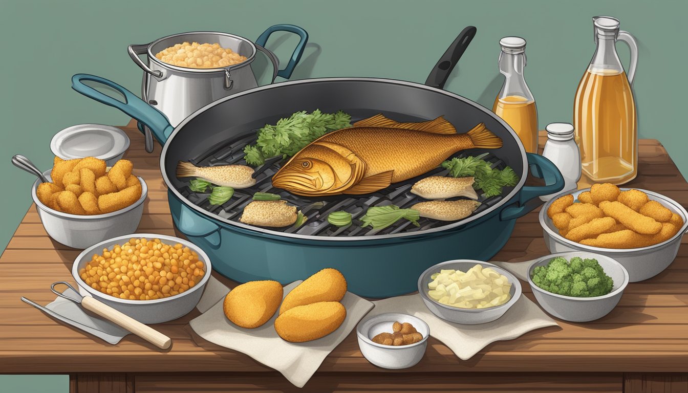 A table set with ingredients, a large frying pot, utensils, and a clean work area for preparing a Texas style fish fry