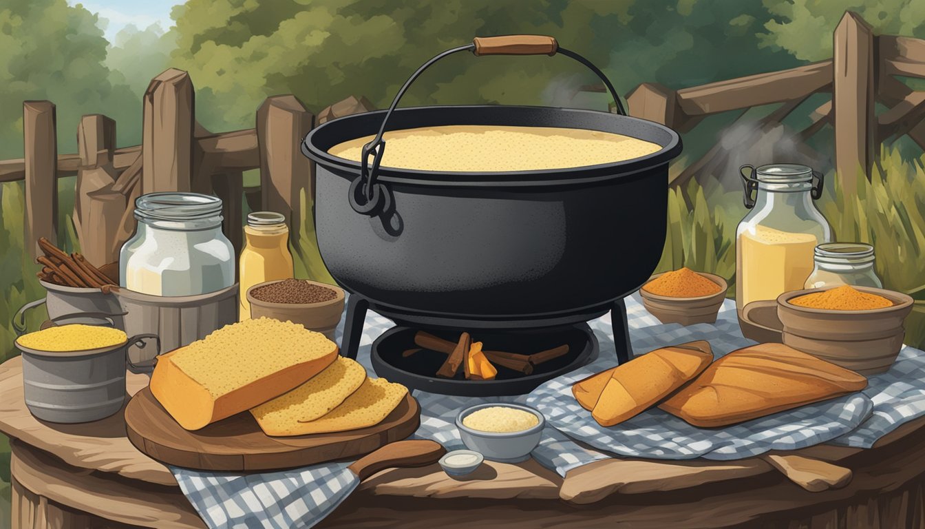 A rustic outdoor scene with a large cast iron pot over an open flame, surrounded by ingredients like cornmeal, flour, and spices. Tables are set with checkered tablecloths and jars of tartar sauce