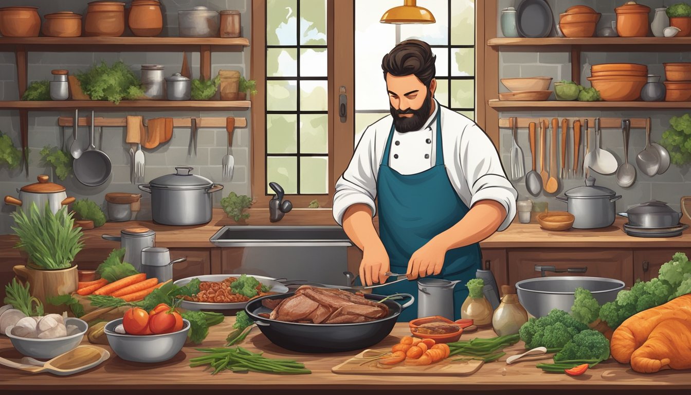 A chef expertly prepares unique wild game dishes in a rustic Texas kitchen, surrounded by fresh ingredients and cooking utensils