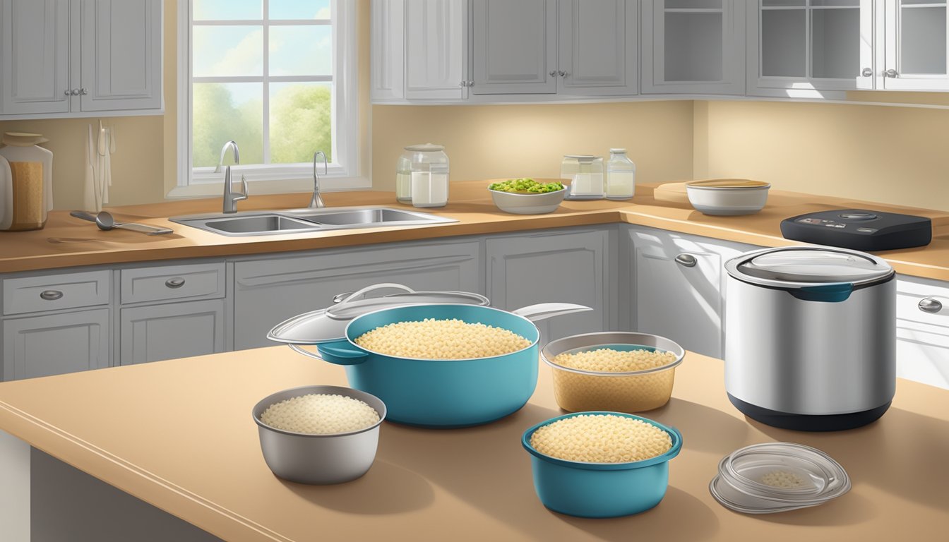 A kitchen counter with a pot of cooked rice pilaf, airtight containers for storage, and a microwave for reheating