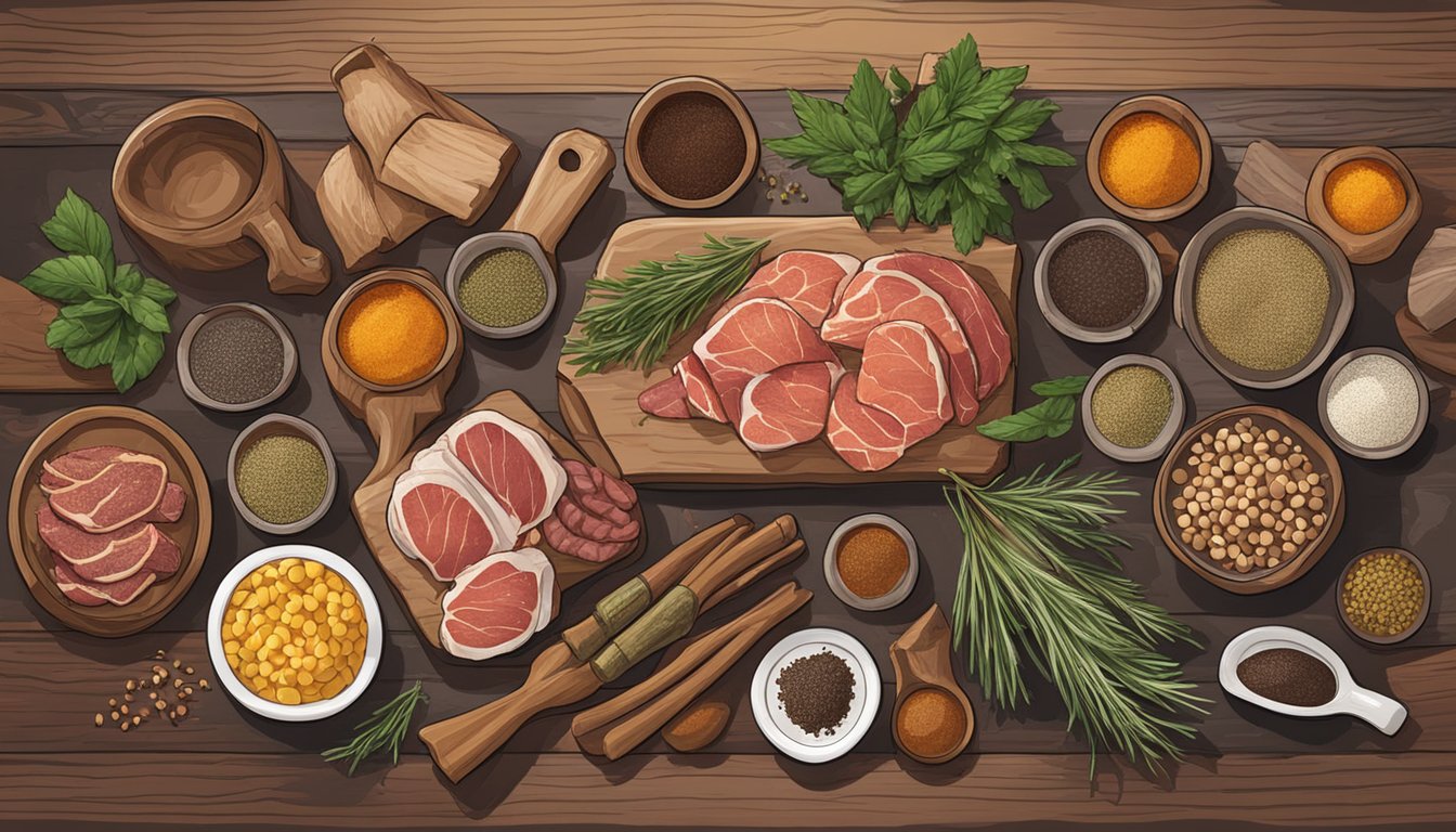 A rustic kitchen counter with assorted spices, herbs, and wild game meats laid out for preparation