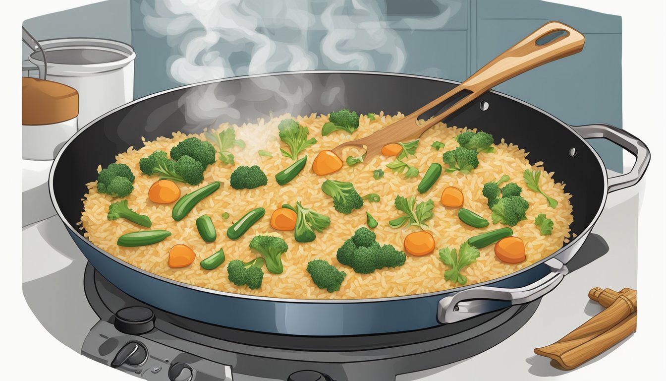 A chef in a Texas kitchen mixes rice, spices, and vegetables in a large skillet over a stovetop. Steam rises as the flavorful pilaf cooks to perfection