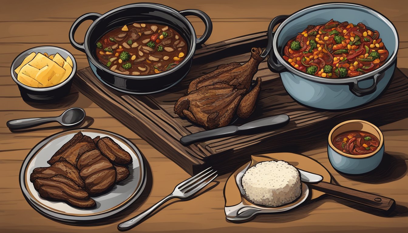 A rustic wooden table set with a platter of grilled venison, a bowl of chili, and a cast iron skillet of fried quail