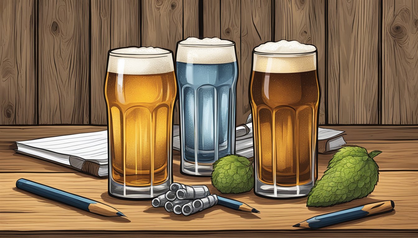 A rustic wooden table with four unique Texas craft beers in small glasses, accompanied by a notepad and pencil for tasting notes