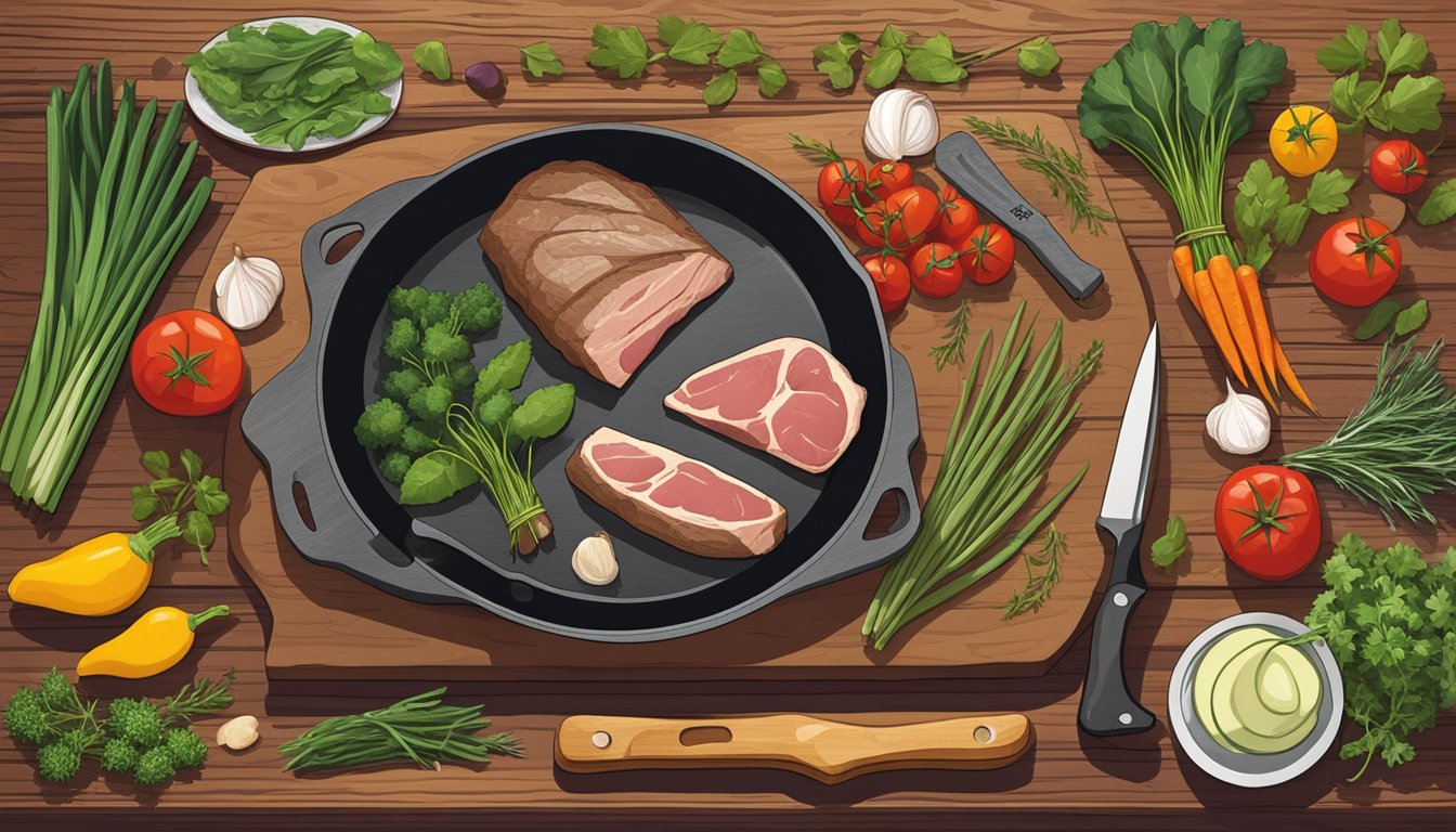 A rustic kitchen with fresh herbs, wild game meats, and colorful vegetables laid out on a wooden cutting board. A chef's knife and cast iron skillet are ready for preparation