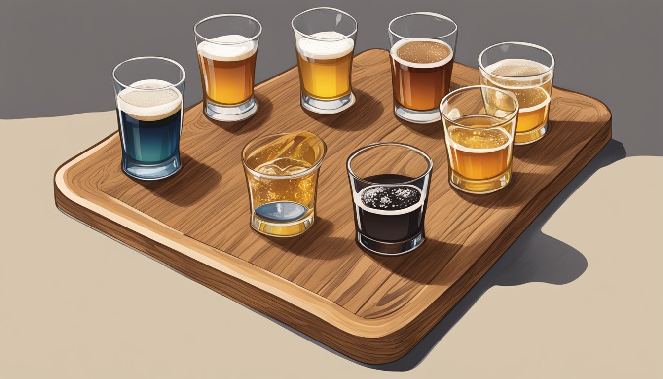 A wooden serving board with four small glasses of different Texas craft beers, each labeled with the name of the brewery