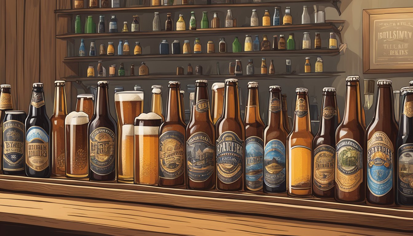 A bartender arranging a flight of Texas craft beers on a wooden serving tray, with each beer labeled by style and brewery