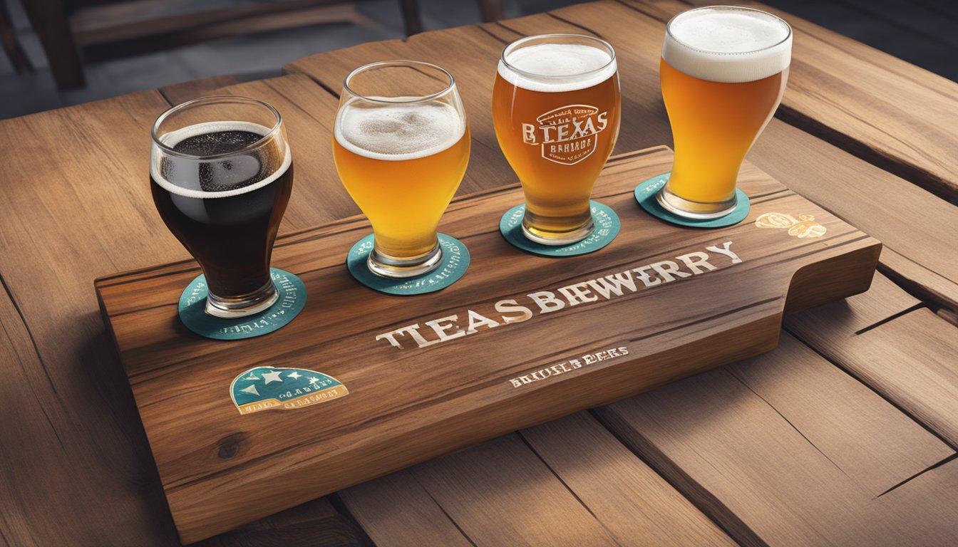 A rustic wooden serving board holds four glasses of different Texas craft beers, each labeled with the name of the brewery