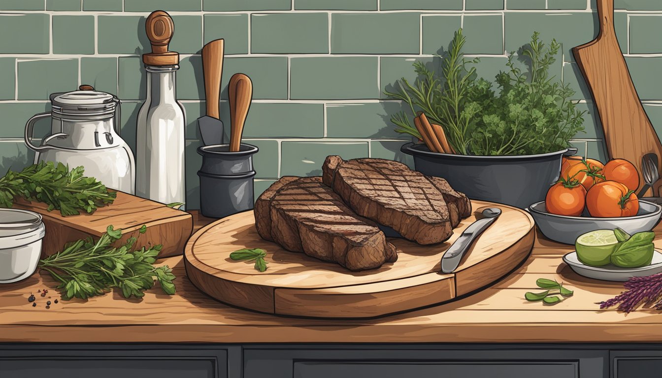 A rustic kitchen counter with a cutting board, fresh herbs, spices, and a cast iron skillet ready to cook Texas style lamb chops