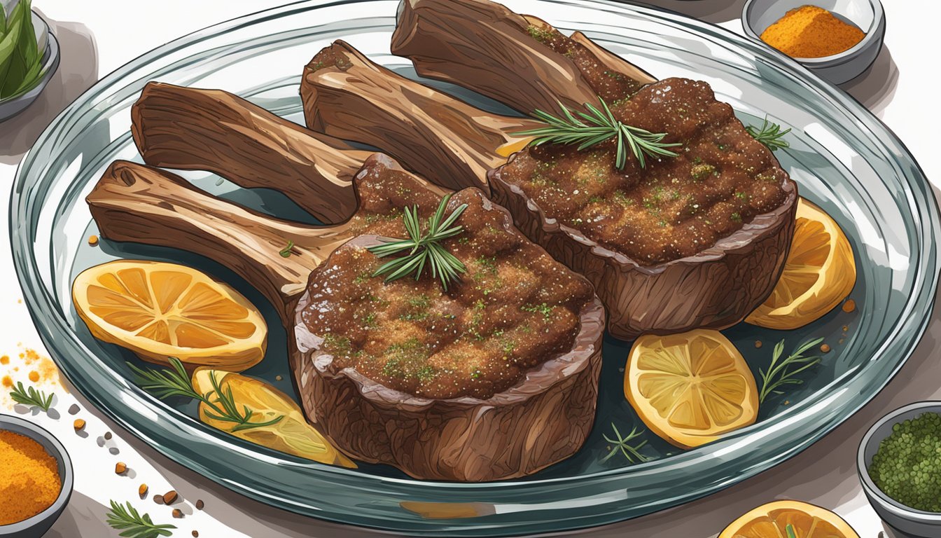 Lamb chops being marinated in a mix of Texas-style spices and herbs in a glass dish