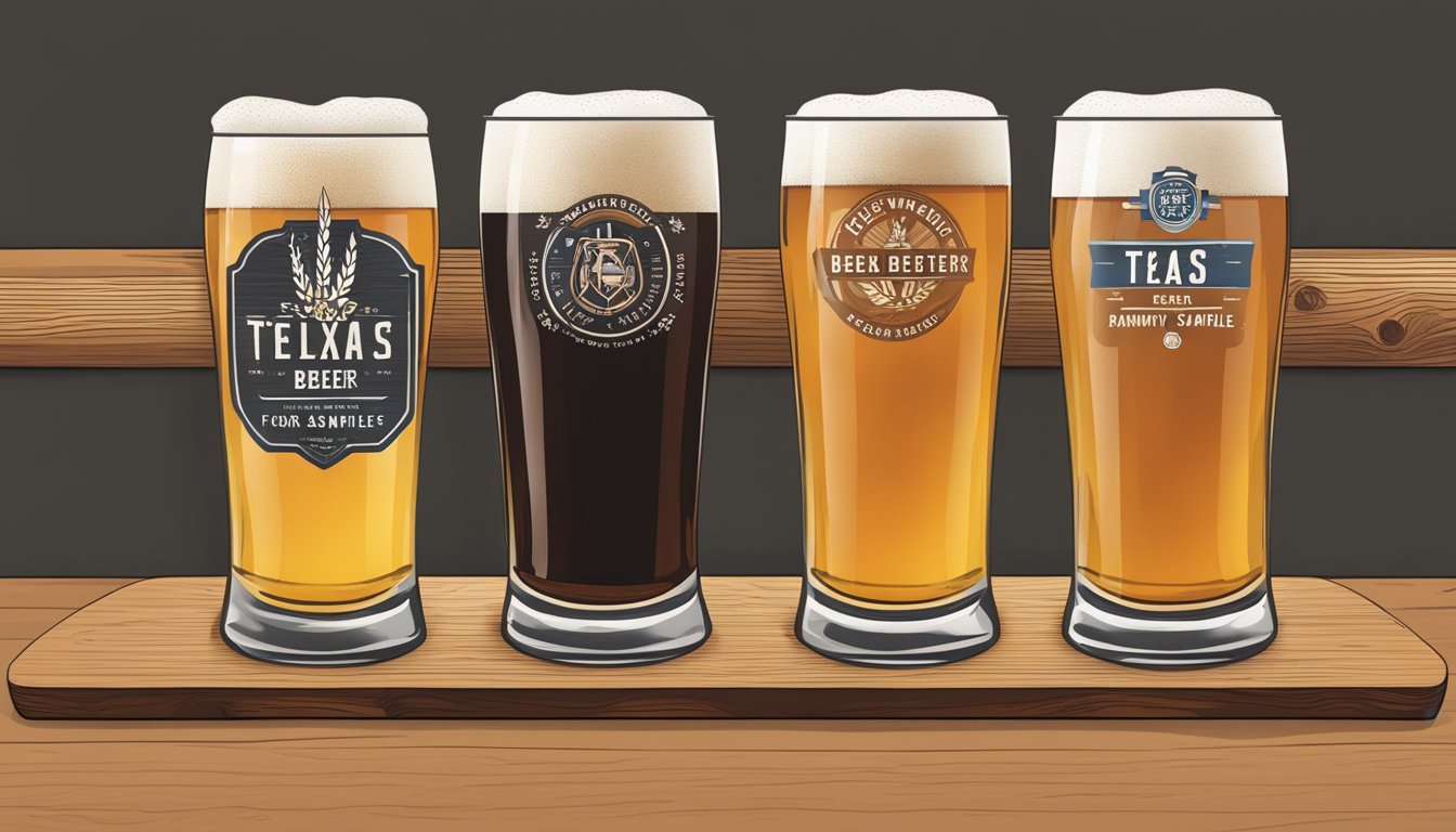 A wooden board holds four Texas craft beer samples in small glasses, each labeled with the brewery's logo