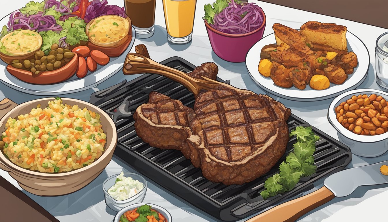 A sizzling Texas-style lamb chop on a grill, surrounded by a colorful array of complementary side dishes like coleslaw, cornbread, and baked beans