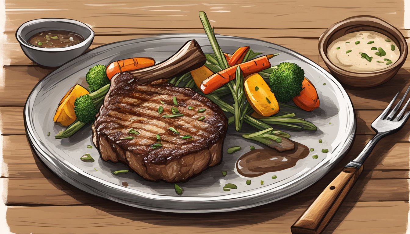 A sizzling Texas-style lamb chop on a rustic wooden board with a side of grilled vegetables and a drizzle of savory sauce