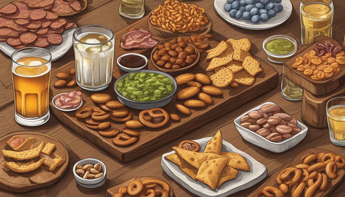 A rustic wooden serving board displaying four different types of Texas craft beer in small glasses, accompanied by a selection of local snacks such as pretzels, nuts, and cured meats