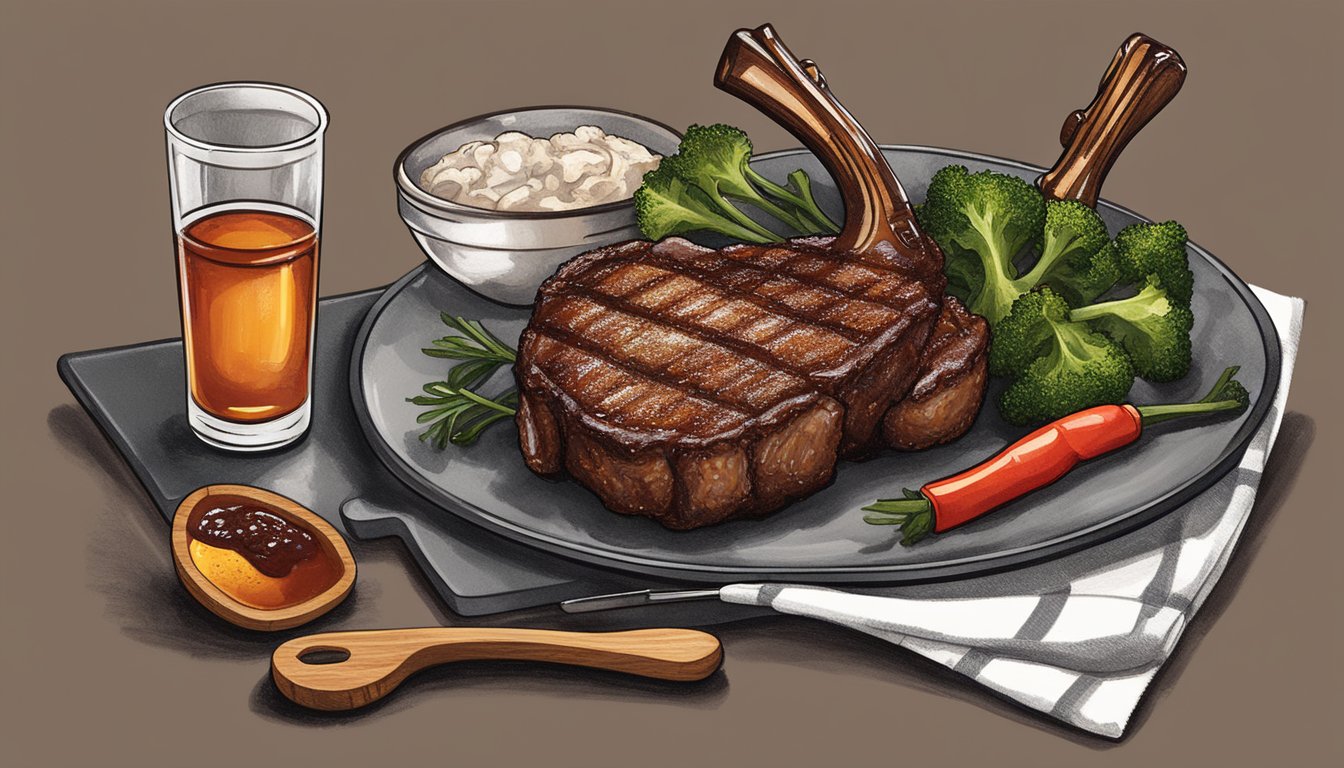 A sizzling Texas-style lamb chop on a grill next to a glass of bourbon and a bottle of barbecue sauce