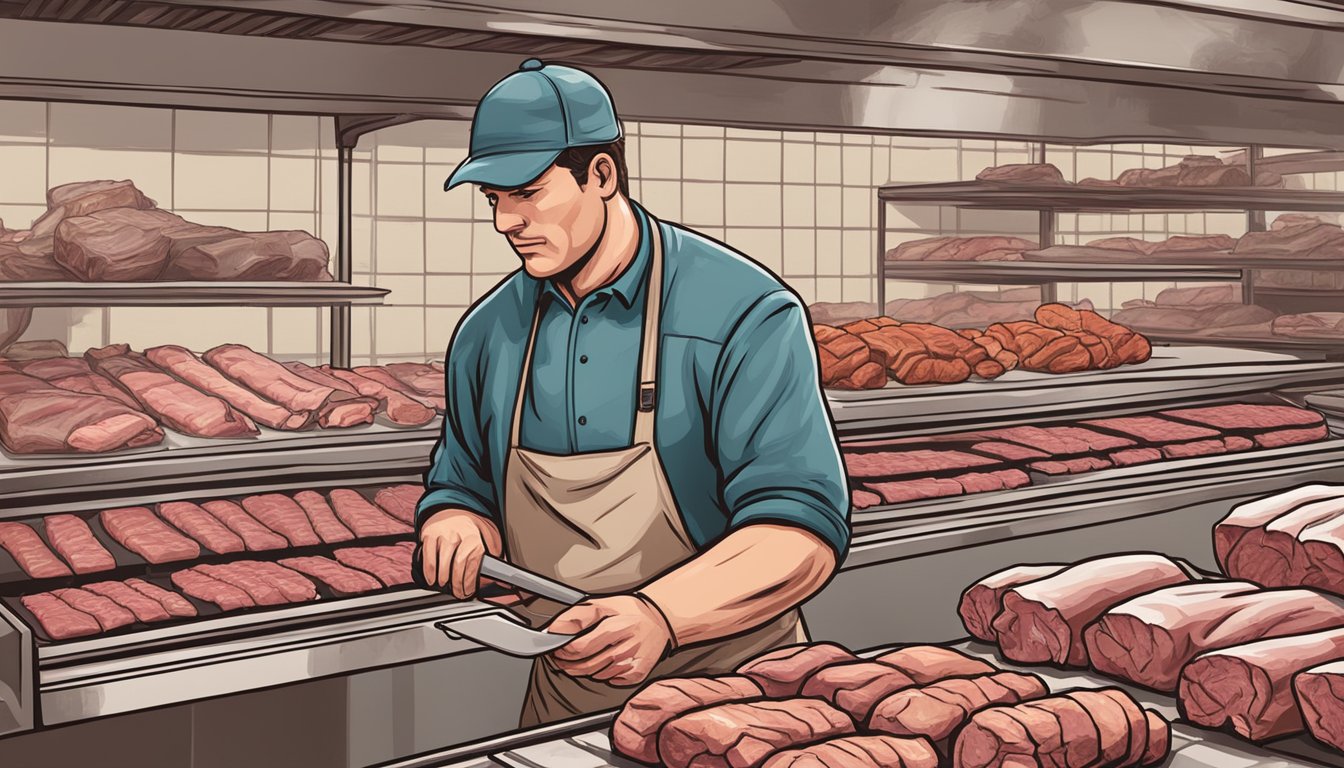 A butcher selecting prime cuts of meat for Texas BBQ