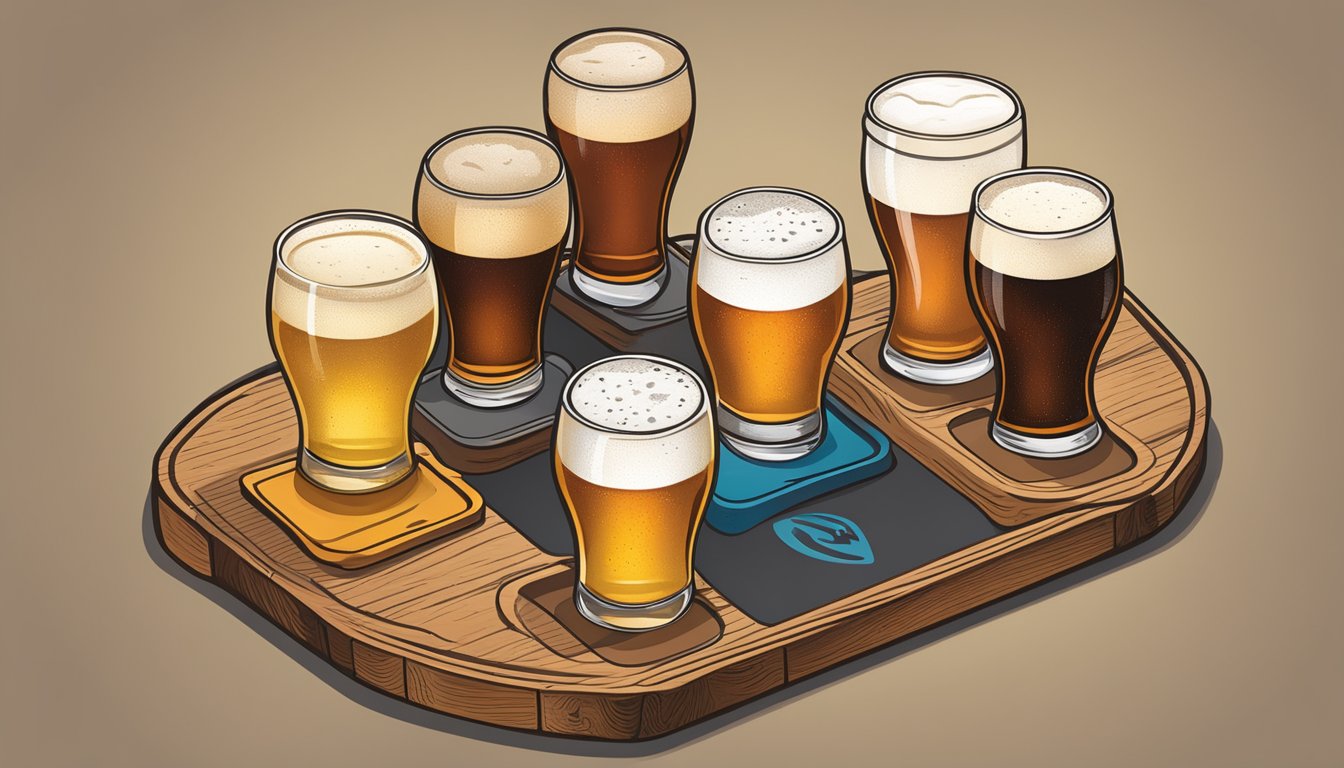 A wooden flight board with four small glasses of different Texas craft beers, each labeled with the brewery's logo