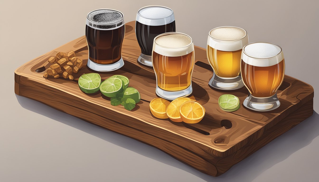 A rustic wooden board holds four Texas craft beer glasses, each filled with a different brew. A variety of colors and foam levels create an enticing display