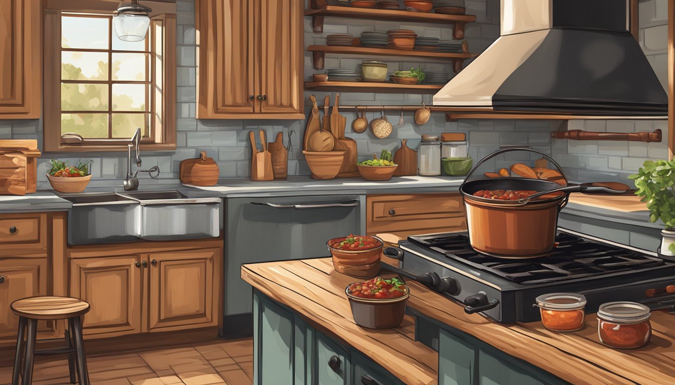 A rustic kitchen with a cowboy hat hanging on the wall, a cast-iron skillet sizzling with bacon, and a jar of spicy homemade salsa on the counter