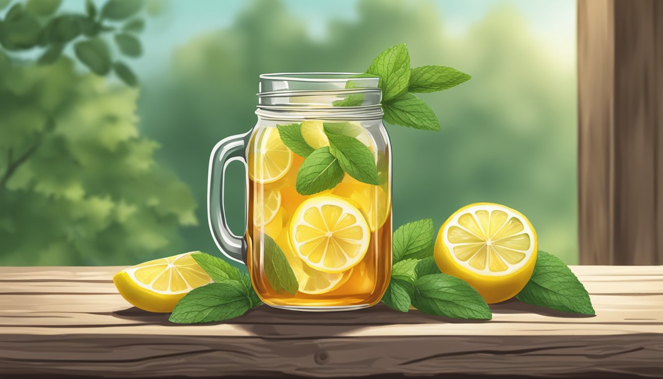 A mason jar filled with iced tea, surrounded by fresh lemon slices and sprigs of mint, set against a rustic Texas backdrop