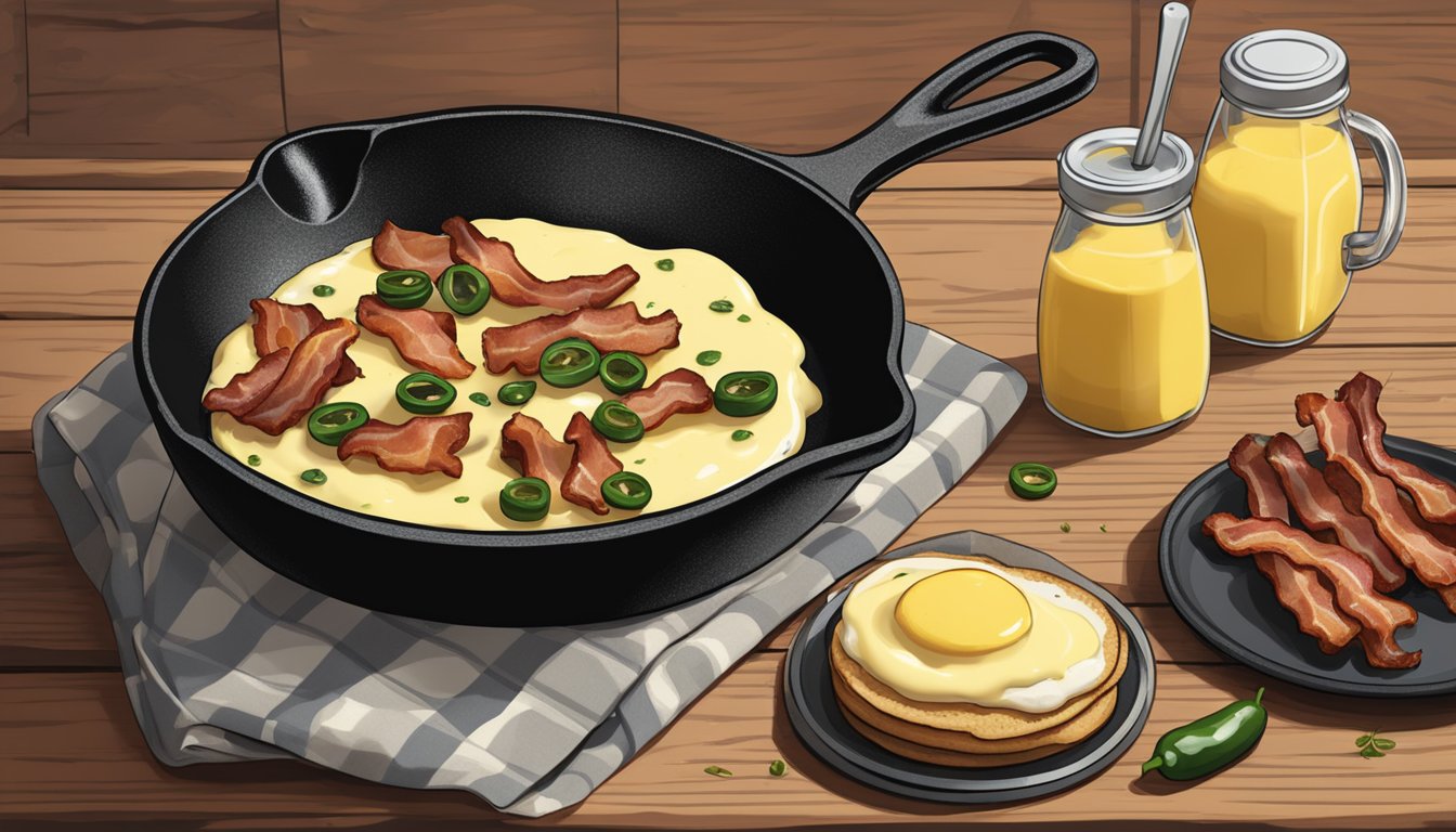 A cast iron skillet sizzling with bacon and jalapeños, a pot of hollandaise sauce, and a stack of English muffins on a rustic wooden table