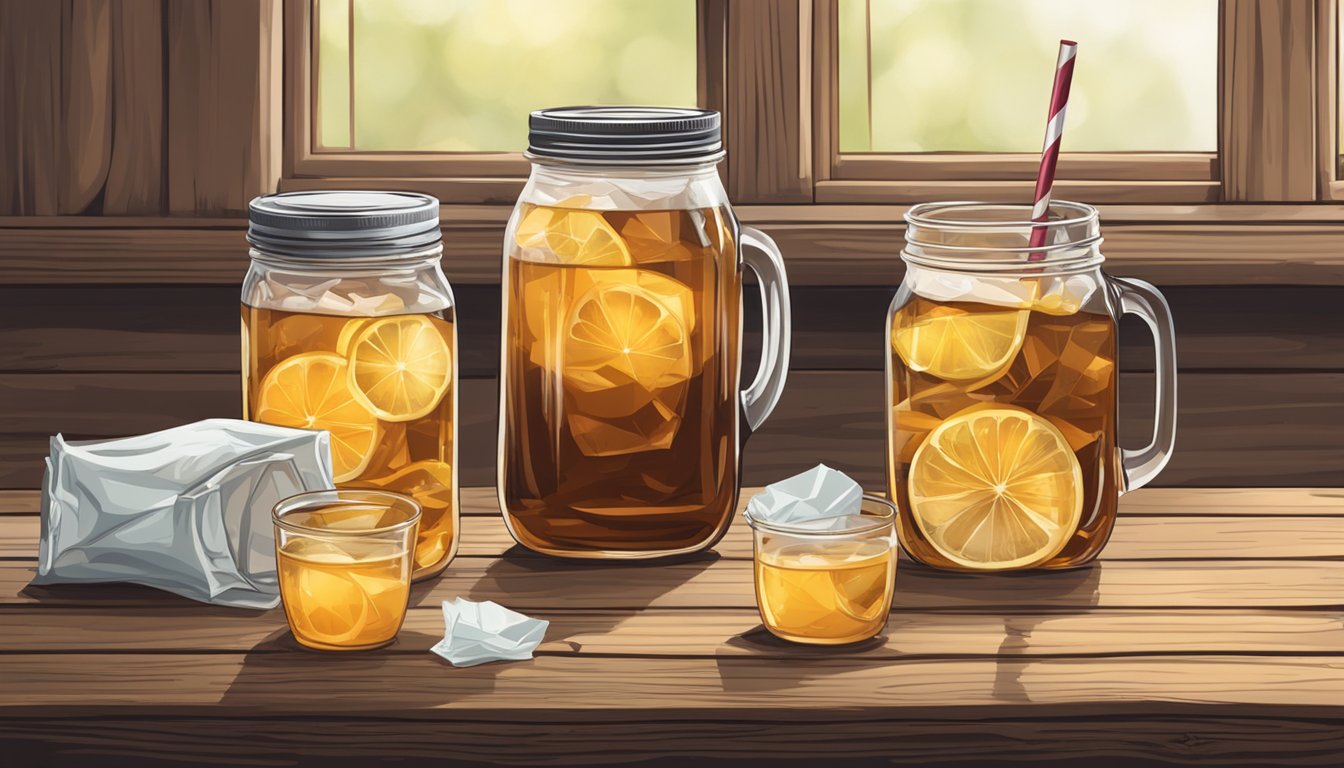 A mason jar filled with iced tea, a pitcher of simple syrup, and a pile of tea bags on a rustic wooden table