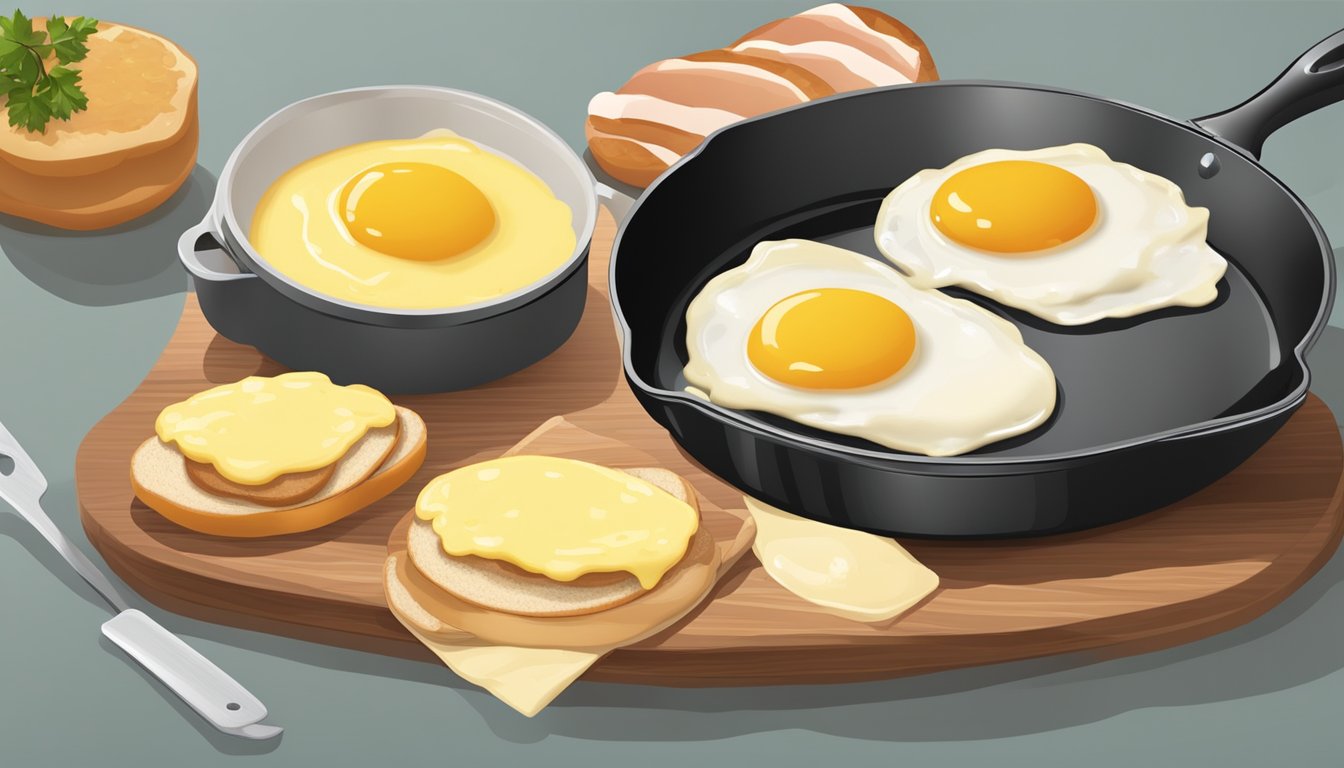 A skillet with frying eggs, a saucepan with hollandaise sauce, a toaster with English muffins, and a cutting board with Canadian bacon