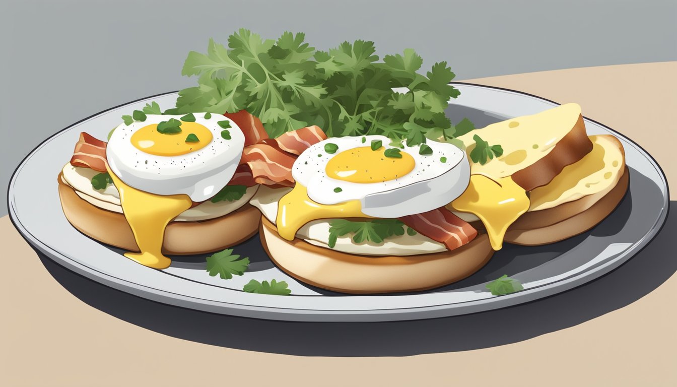 A skillet with poached eggs, bacon, and hollandaise sauce on an English muffin, surrounded by diced tomatoes and cilantro