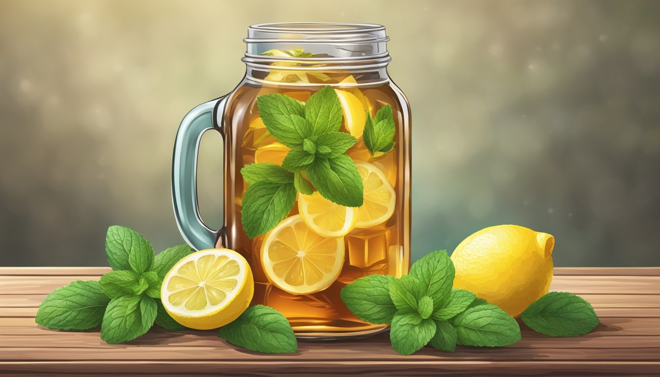 A mason jar filled with sweet tea, surrounded by a spread of fresh mint leaves, lemon slices, and ice cubes on a rustic wooden table