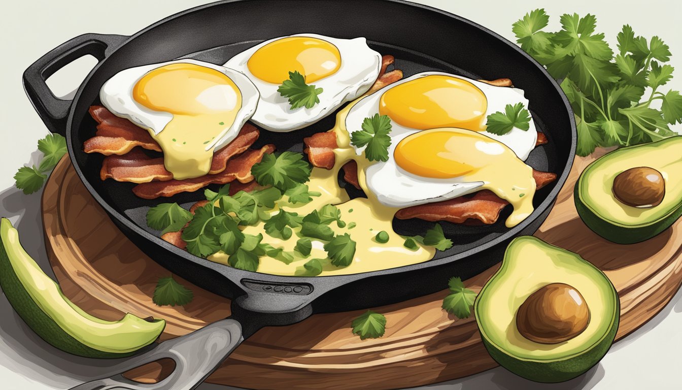 A rustic wooden table set with a cast-iron skillet filled with poached eggs, crispy bacon, and jalapeno hollandaise sauce, surrounded by fresh cilantro and sliced avocado