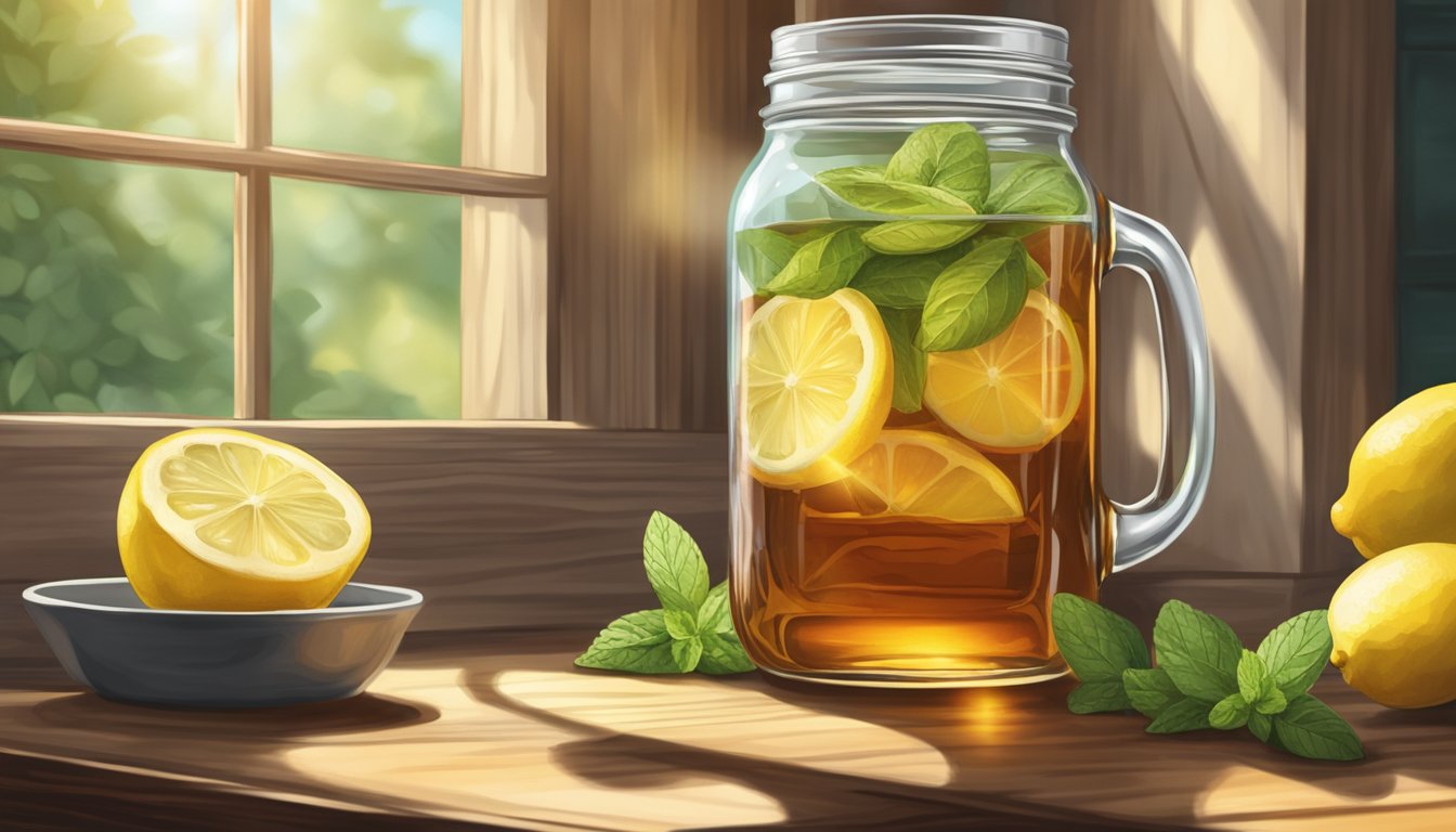 A mason jar filled with sweet tea sits on a rustic wooden table, surrounded by fresh lemon slices and sprigs of mint. Sunshine streams through a window, casting a warm glow on the scene