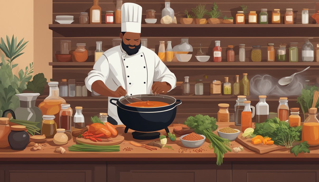 A chef stirring a pot of simmering bbq sauce, surrounded by bottles of spices and ingredients on a wooden countertop