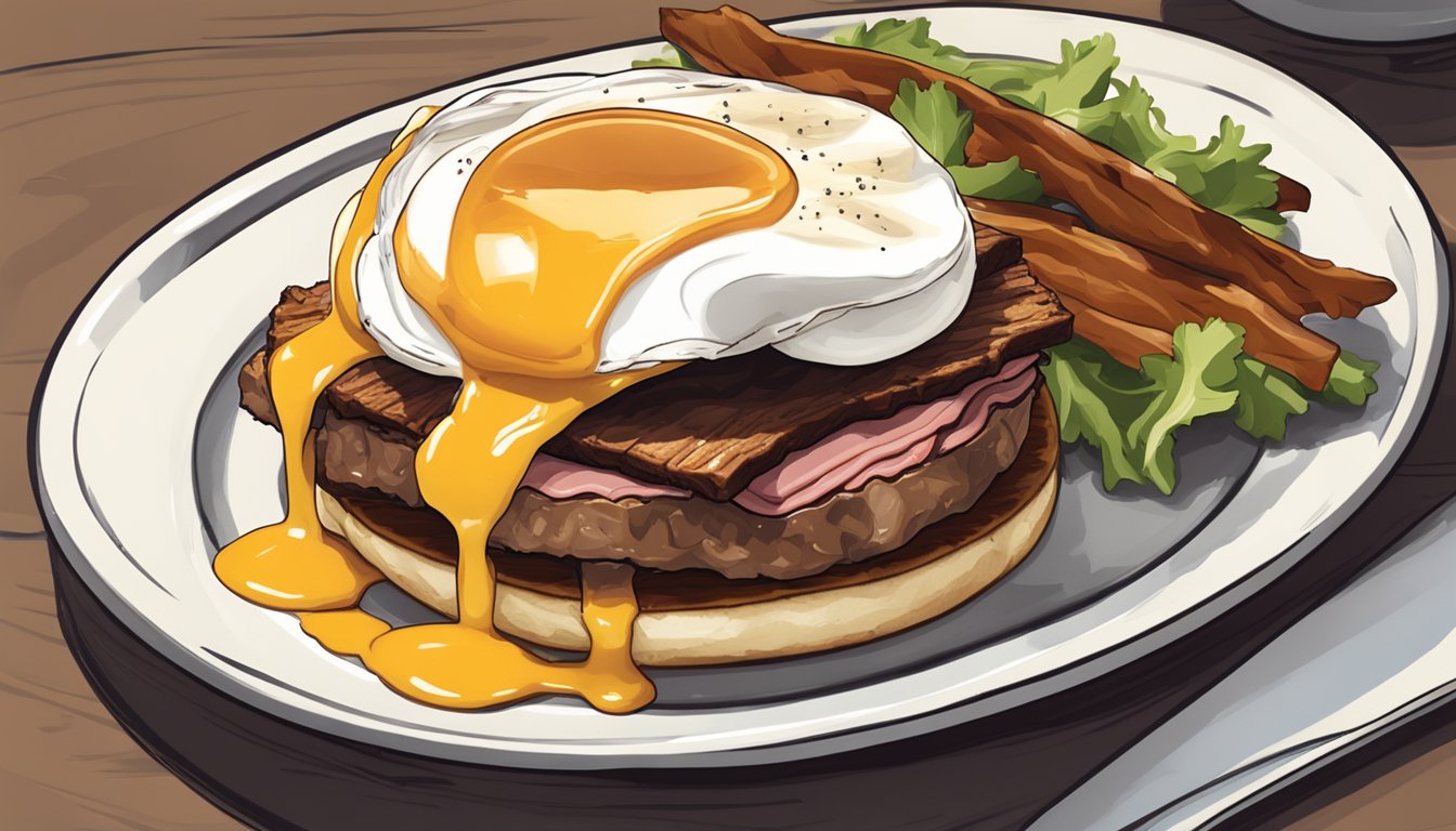 A plate with a split English muffin topped with a thick slice of smoked brisket, poached egg, and drizzled with chipotle hollandaise sauce