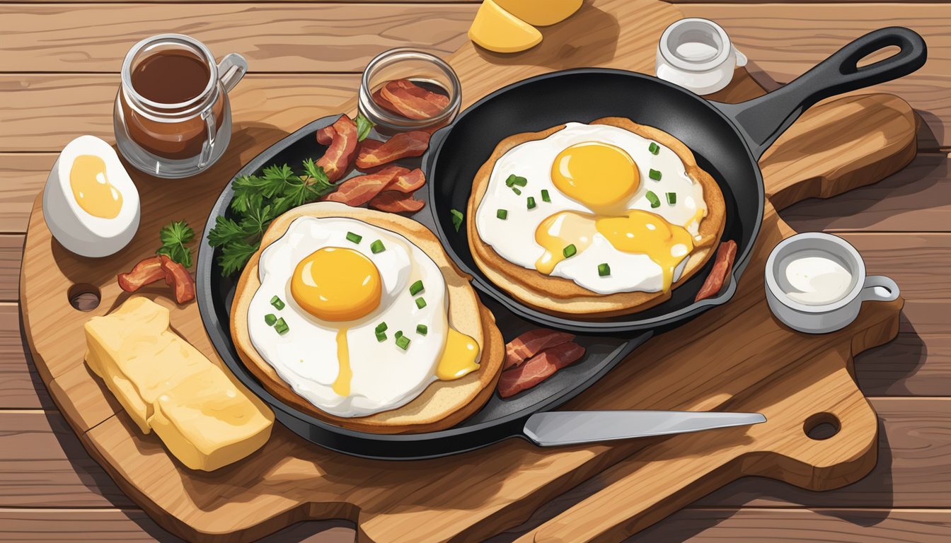 A skillet with poached eggs, toasted English muffins, bacon, and hollandaise sauce on a wooden cutting board with a pot of coffee and a jar of hot sauce nearby