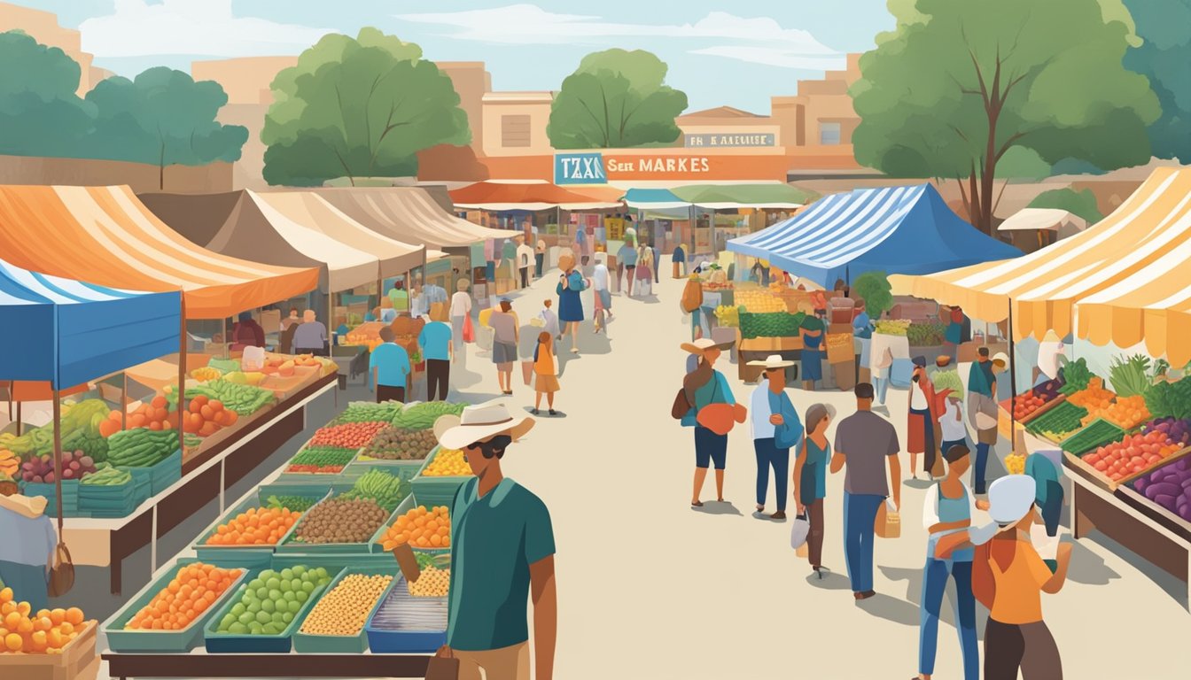 A bustling Texas farmers market with colorful produce, vendors under striped tents, and visitors exploring the aisles