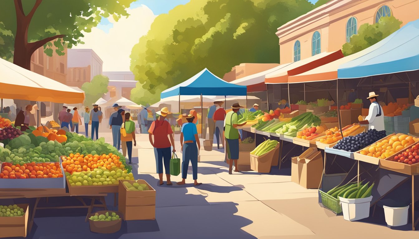 A bustling Texas farmers market with colorful displays of fresh fruits and vegetables, vendors chatting with customers, and the warm sun shining overhead