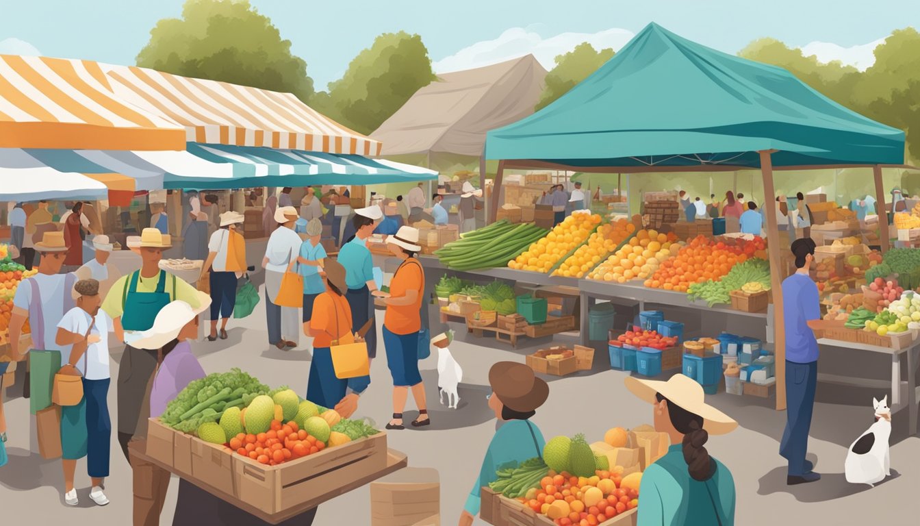 A bustling Texas farmers market with colorful produce, artisanal goods, and eager shoppers sampling and evaluating product quality