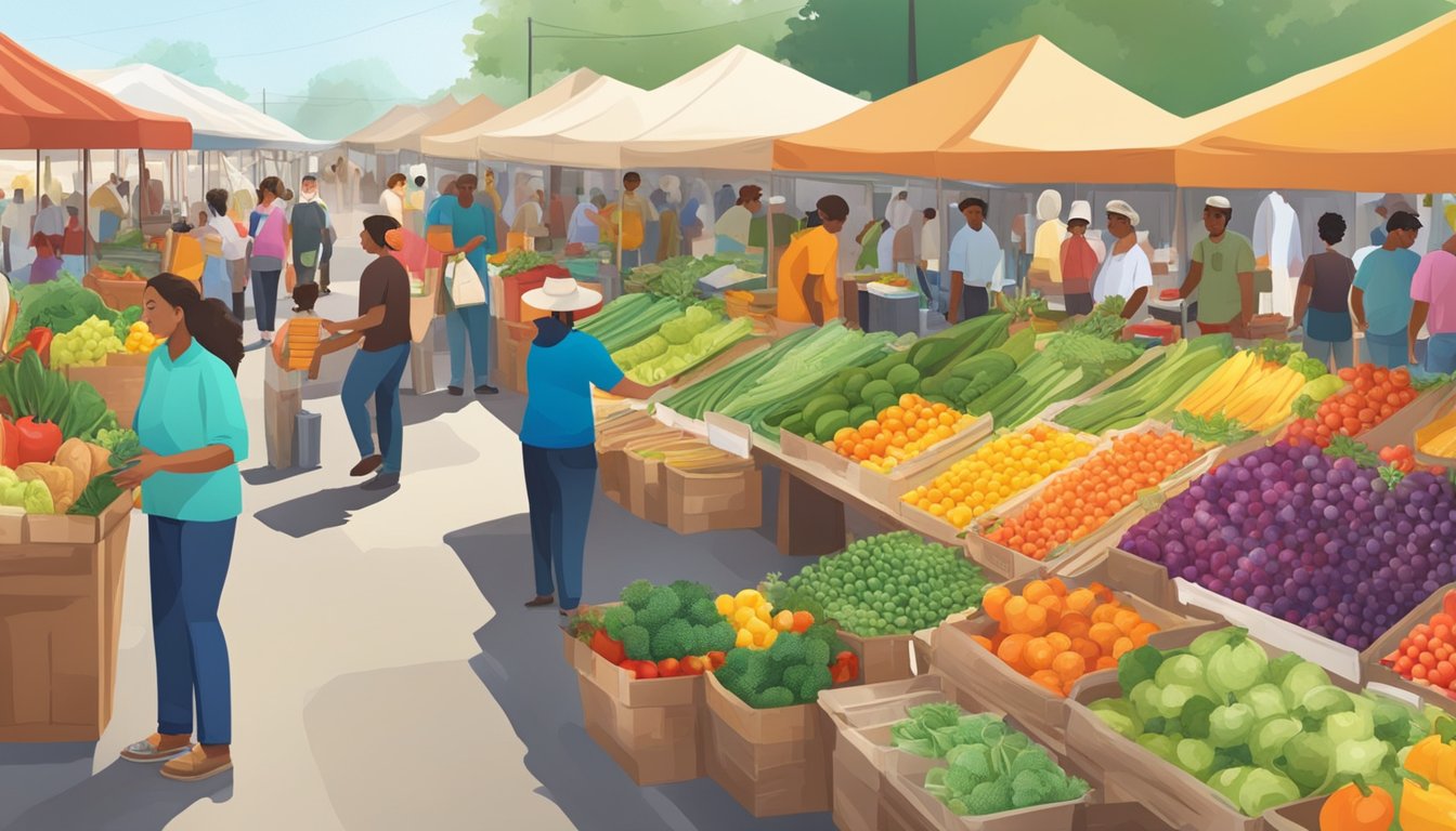 Vendors selling fresh produce and goods at a bustling Texas farmers market, with colorful stalls and a variety of products on display