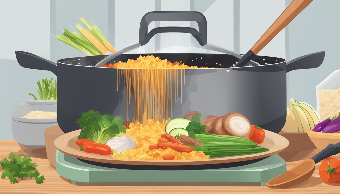 A large pot simmering on a stove filled with chopped vegetables, sausage, and rice. A wooden spoon stirs the mixture as steam rises from the pot