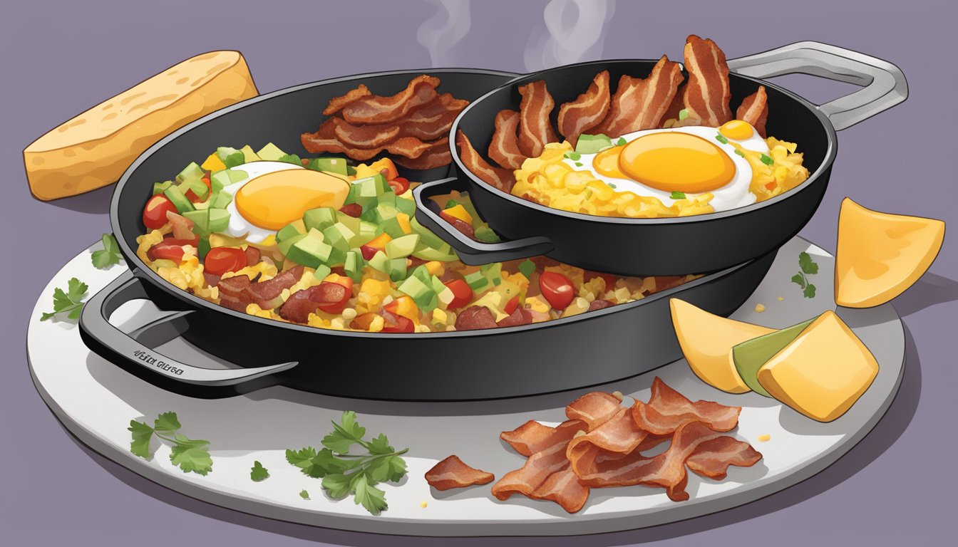 A sizzling skillet holds a variety of toppings and add-ons for Texas-style breakfast tacos, including crispy bacon, fluffy scrambled eggs, melted cheese, and fresh salsa