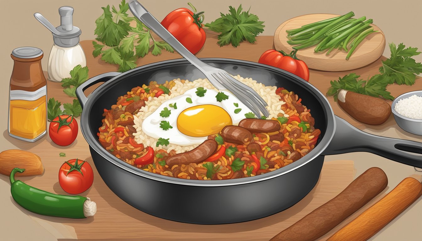 A chef sautés onions, peppers, and sausage in a large skillet, adding rice, tomatoes, and spices to create a flavorful Texas-style jambalaya