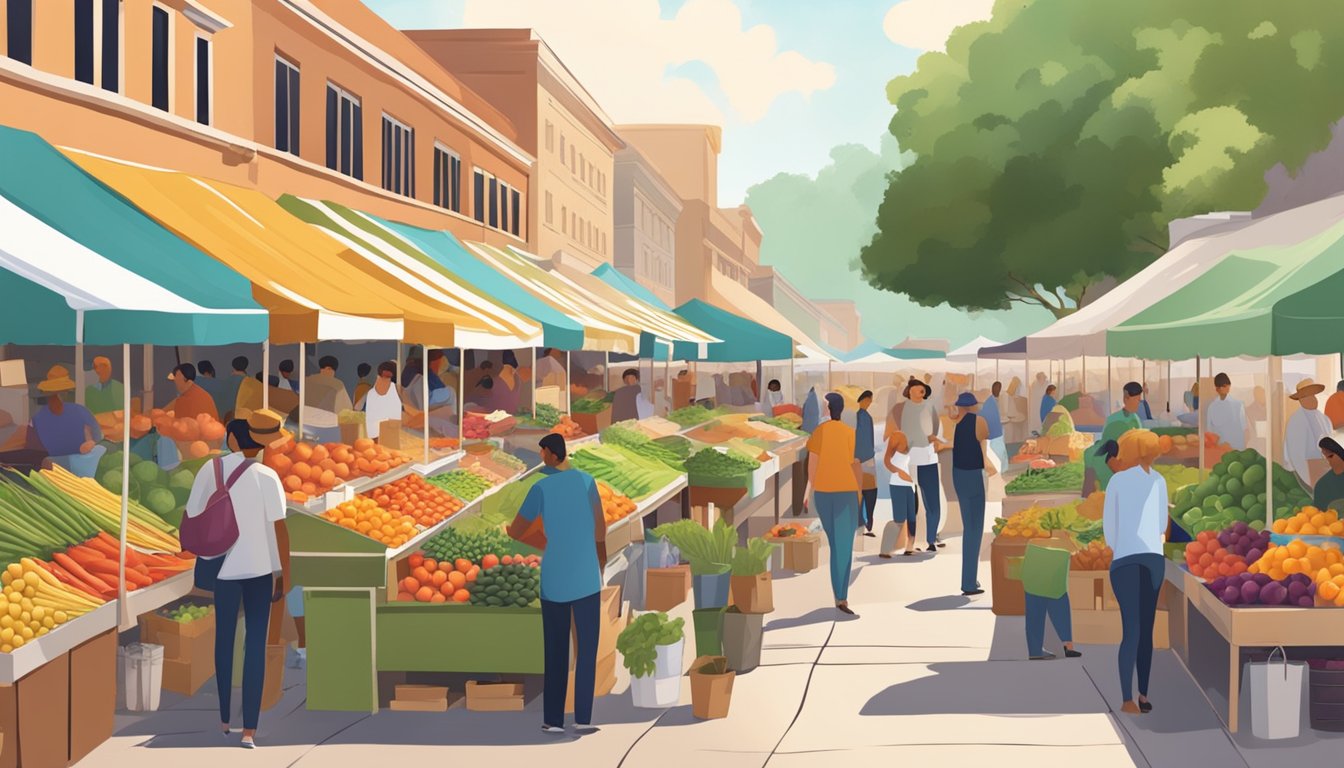 A bustling Texas farmers market with colorful stalls, fresh produce, and eager customers browsing and purchasing goods