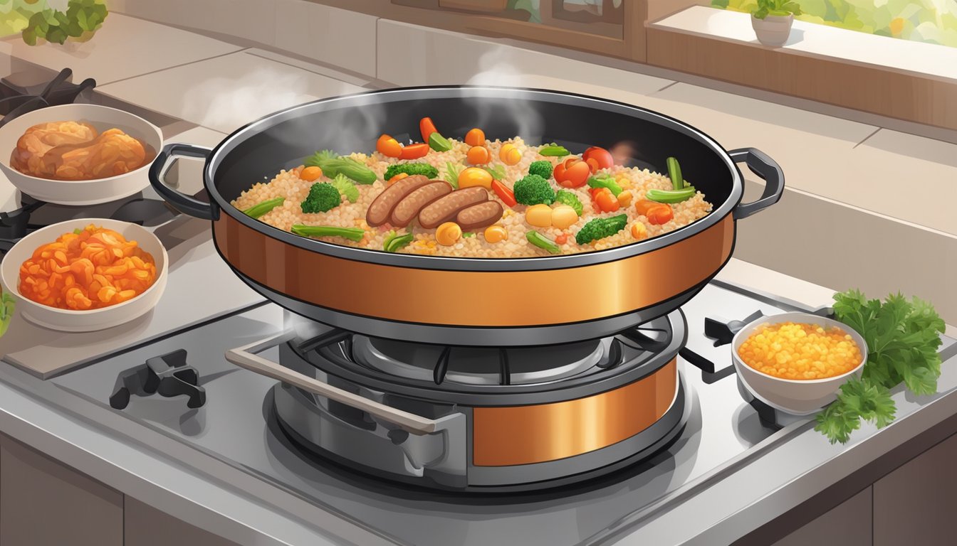 A large pot simmering on a stove, filled with a colorful mixture of rice, sausage, chicken, and vegetables, emitting a rich, spicy aroma